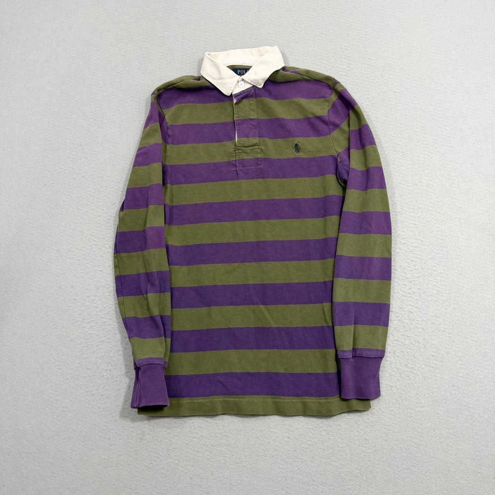 Polo Ralph Lauren Rugby Shirt Mens Small Purple Green Striped Custom Fit LS